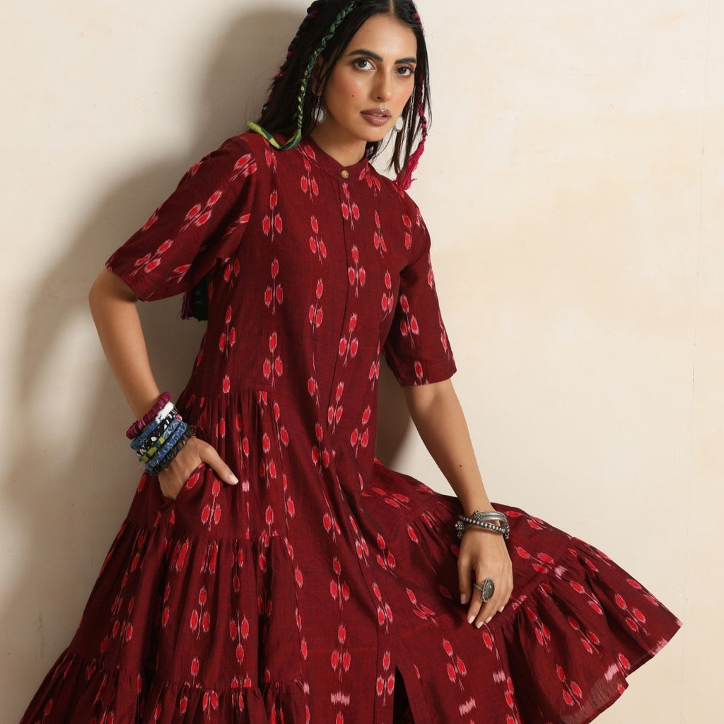 ON SALE- Ruya- Rust handwoven ikat tiered dress