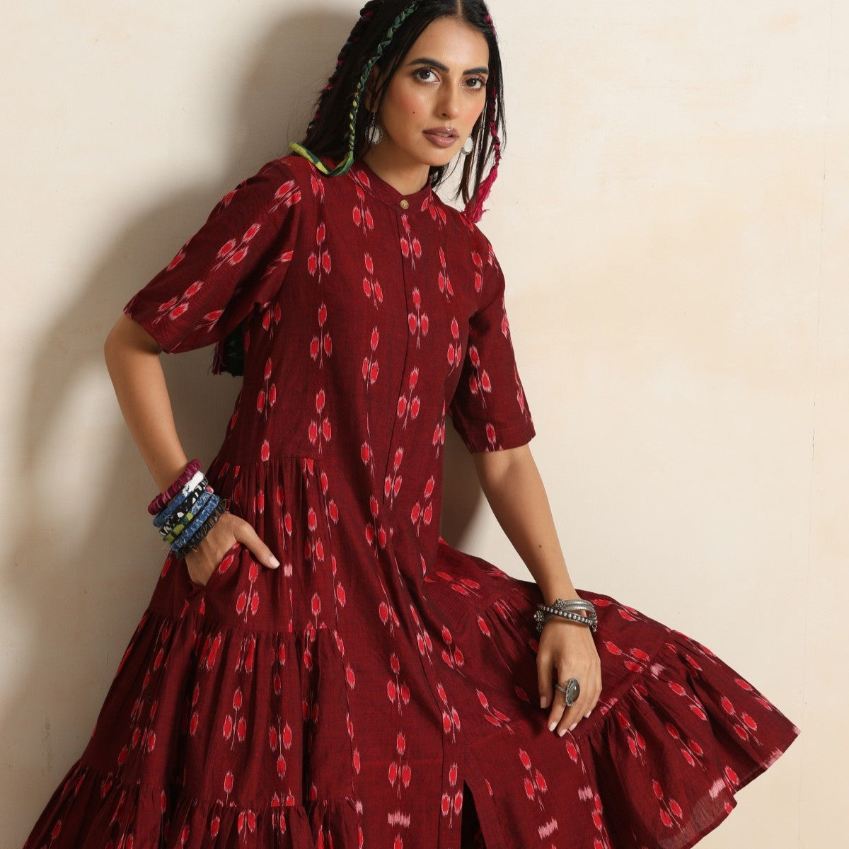 Ruya- Rust handwoven ikat tiered dress