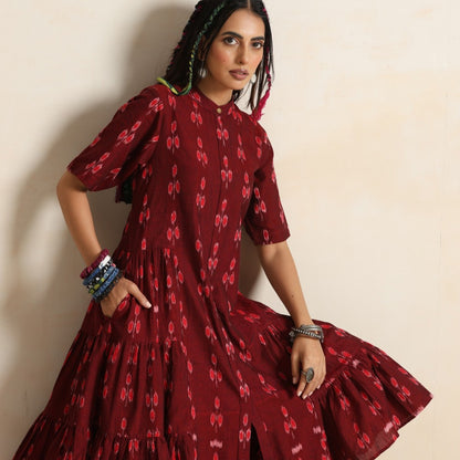 Ruya- Rust handwoven ikat tiered dress