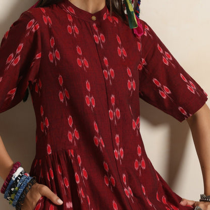Ruya- Rust handwoven ikat tiered dress
