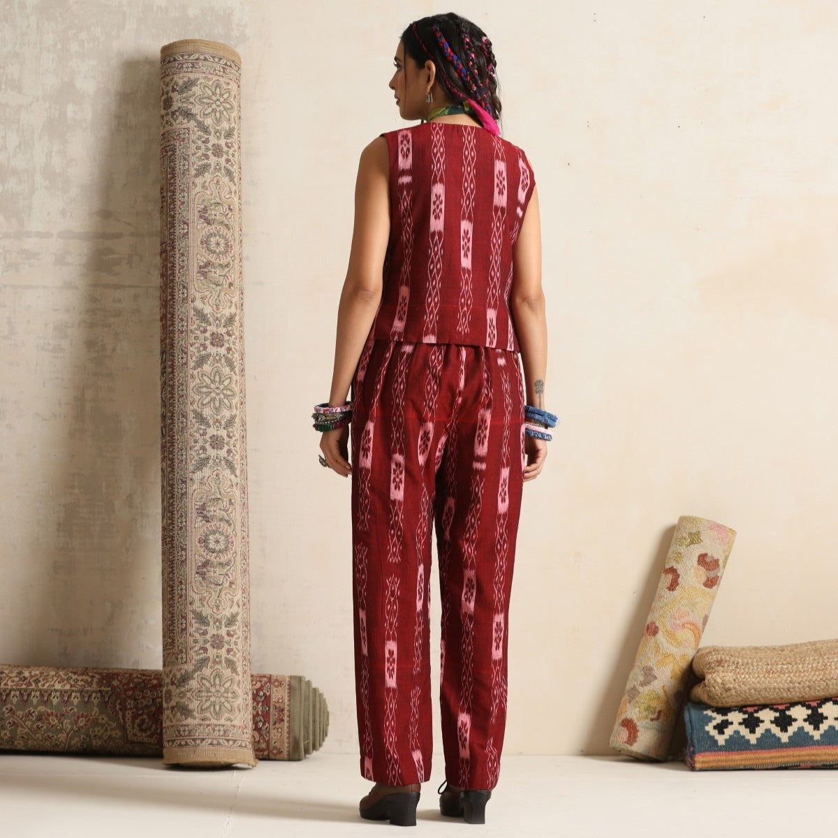 Leher- Waistcoat and pant set in handwoven ikat