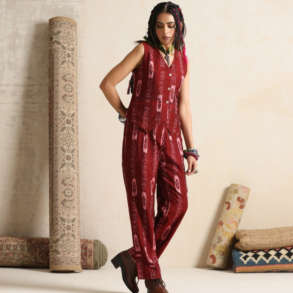 Leher- Waistcoat and pant set in handwoven ikat
