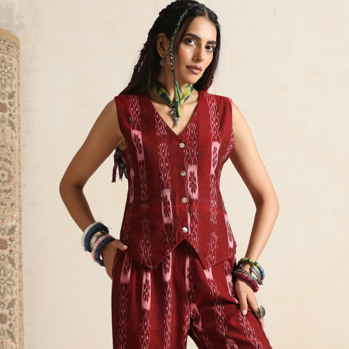 Leher- Waistcoat and pant set in handwoven ikat