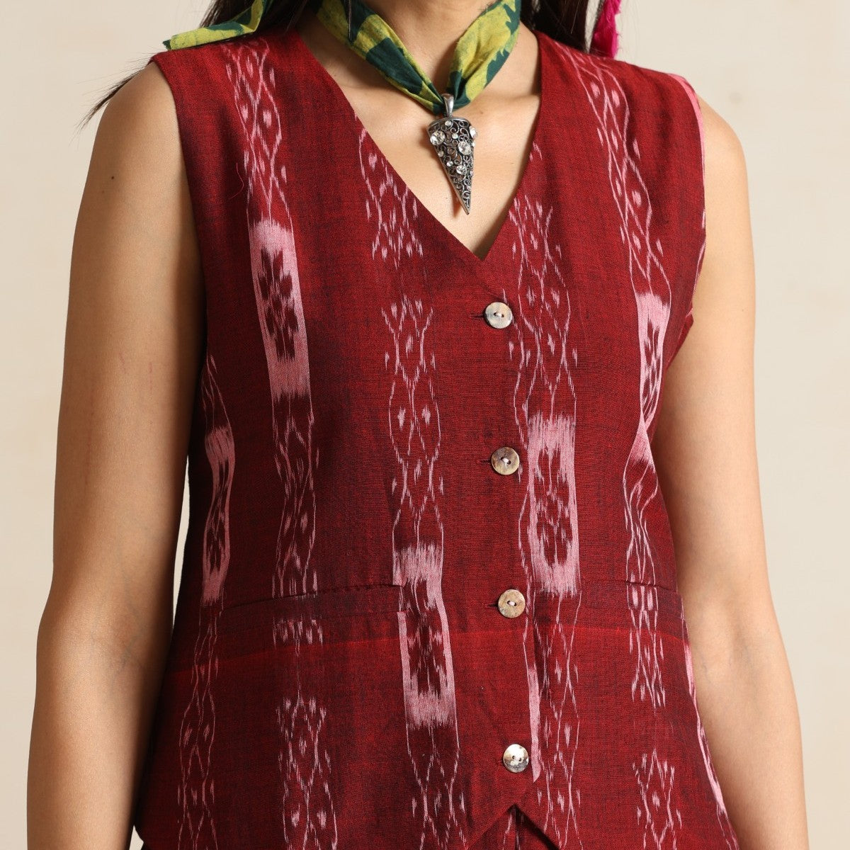 Leher- Waistcoat and pant set in handwoven ikat