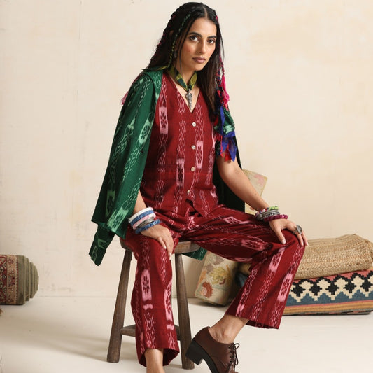 Leher- Waistcoat and pant set in handwoven ikat