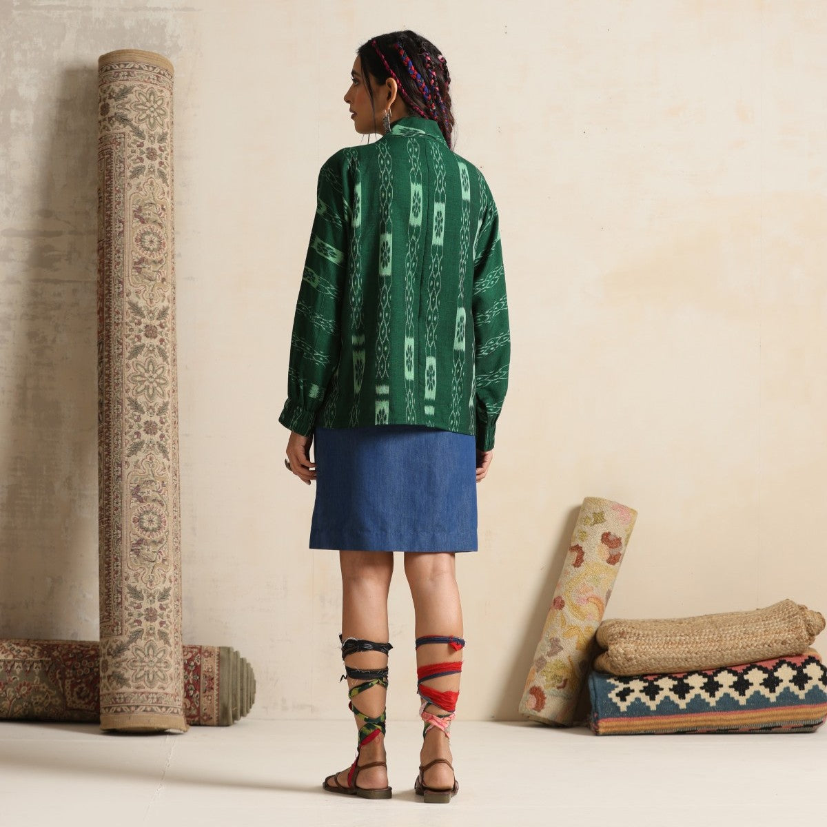 Khwab- Green ikat overlay with a denim mini skirt