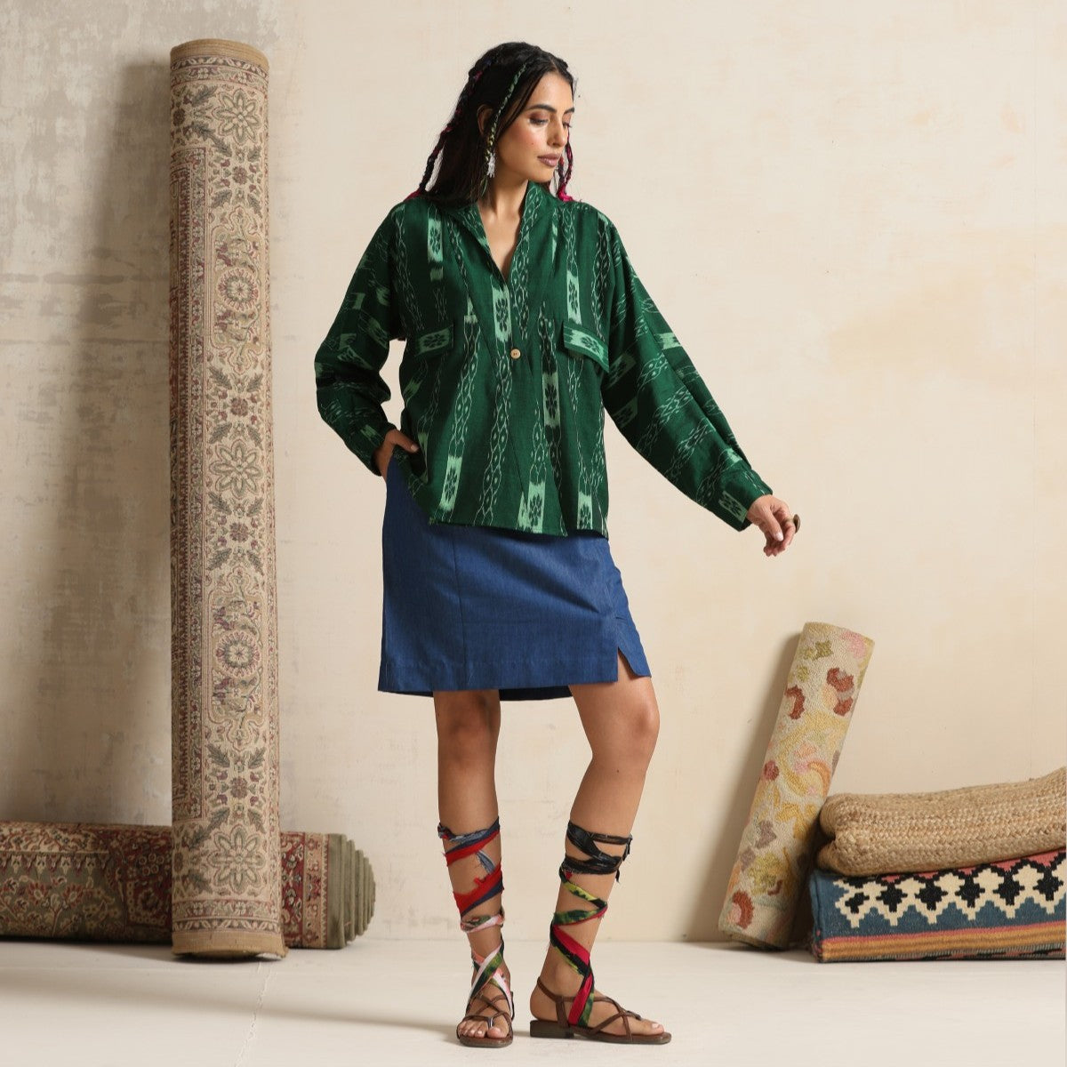 Khwab- Green ikat overlay with a denim mini skirt