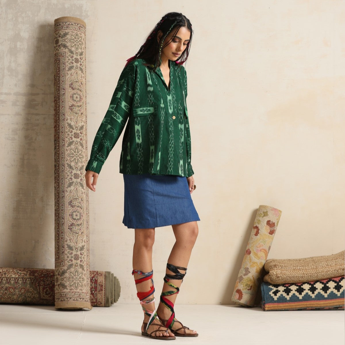Khwab- Green ikat overlay with a denim mini skirt
