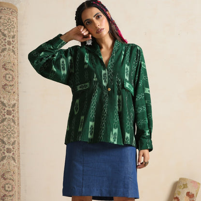 Khwab- Green ikat overlay with a denim mini skirt