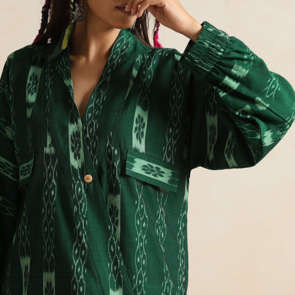 Khwab- Green ikat overlay with a denim mini skirt