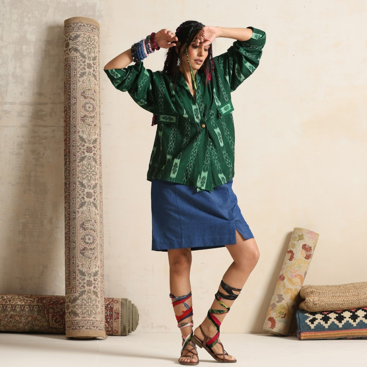 Khwab- Green ikat overlay with a denim mini skirt