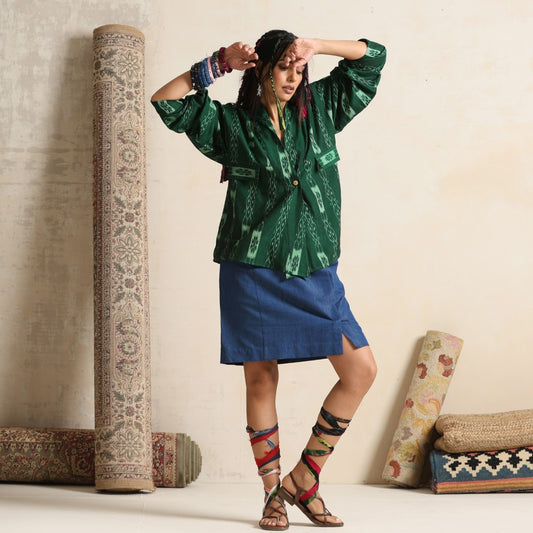 Khwab- Green ikat overlay with a denim mini skirt