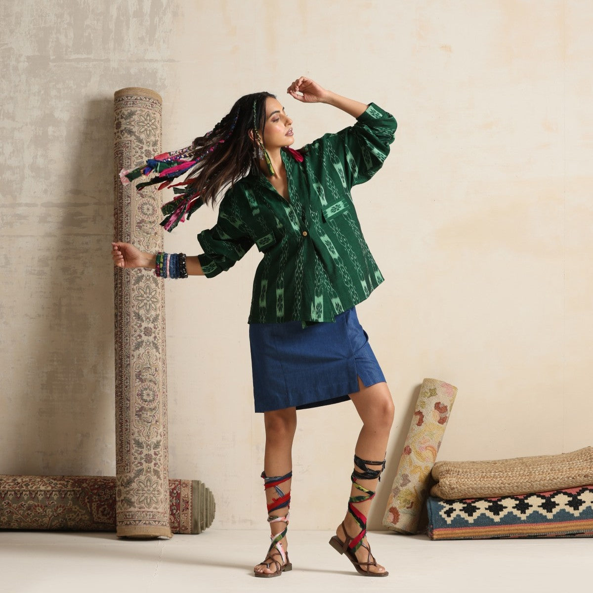 Khwab- Green ikat overlay with a denim mini skirt