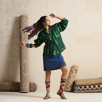 Khwab- Green ikat overlay with a denim mini skirt