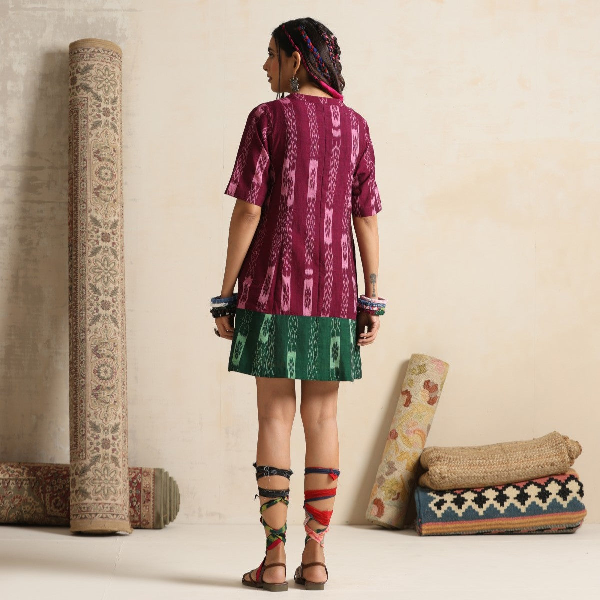 Dastaan- Wine and green color block short dress