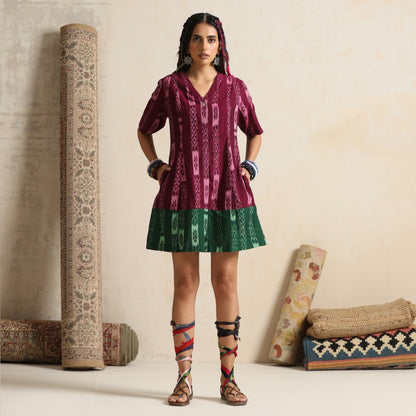 Dastaan- Wine and green color block short dress