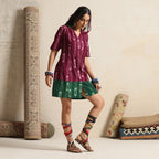Dastaan- Wine and green color block short dress