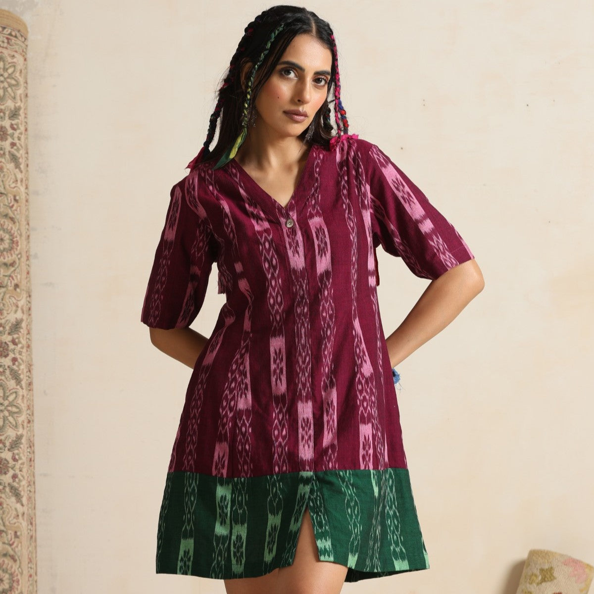 Dastaan- Wine and green color block short dress