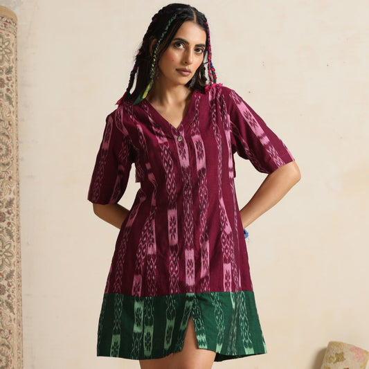 Dastaan- Wine and green color block short dress
