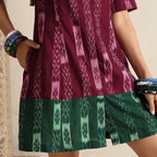Dastaan- Wine and green color block short dress