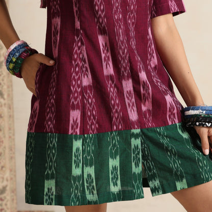 Dastaan- Wine and green color block short dress