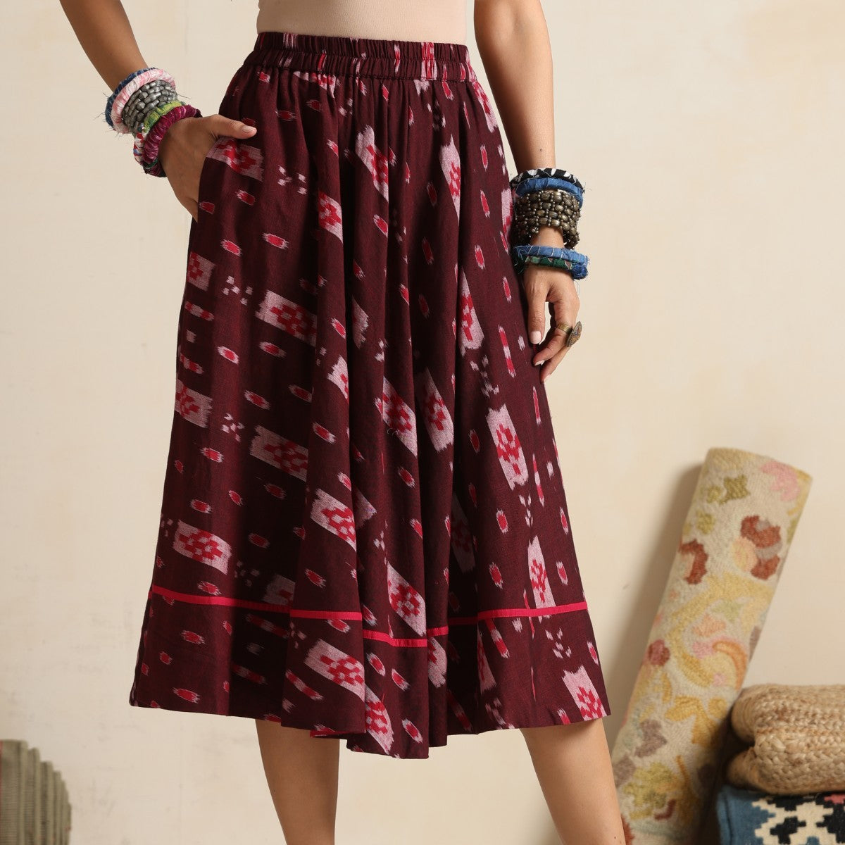 Izhaar- Brown ikat shirt and full skirt set