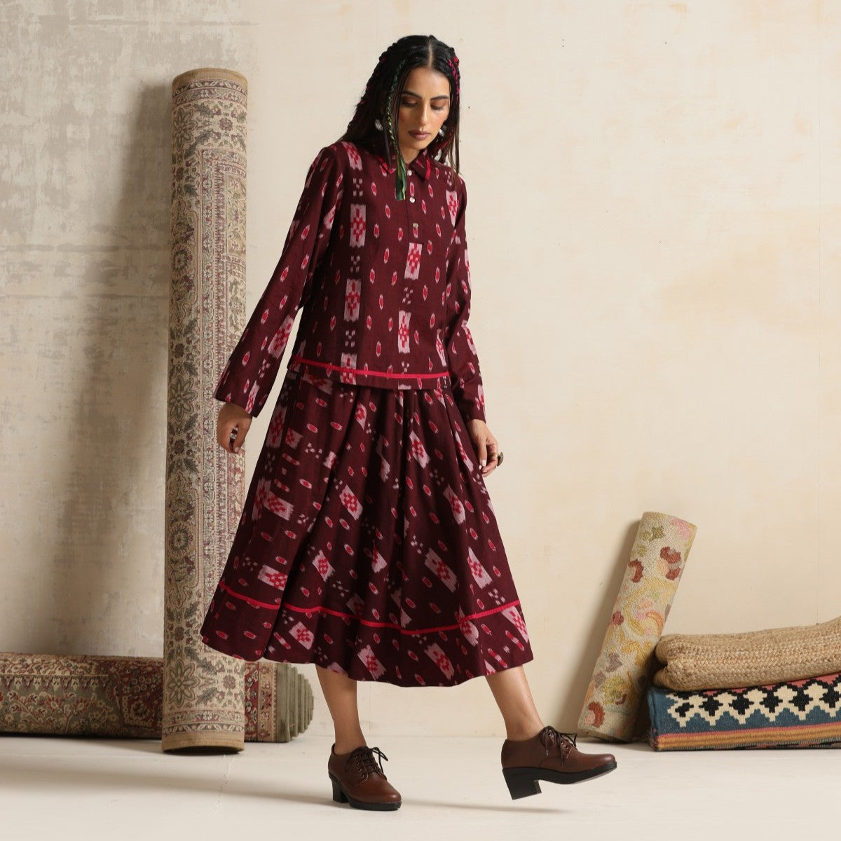 Izhaar- Brown ikat shirt and full skirt set