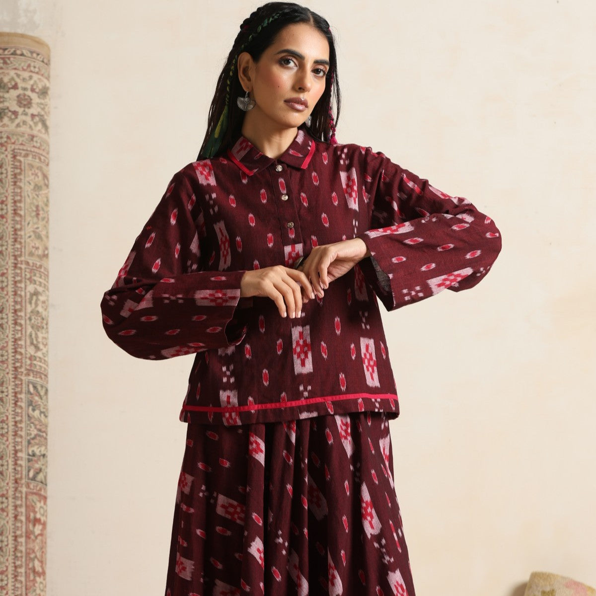 Izhaar- Brown ikat shirt and full skirt set