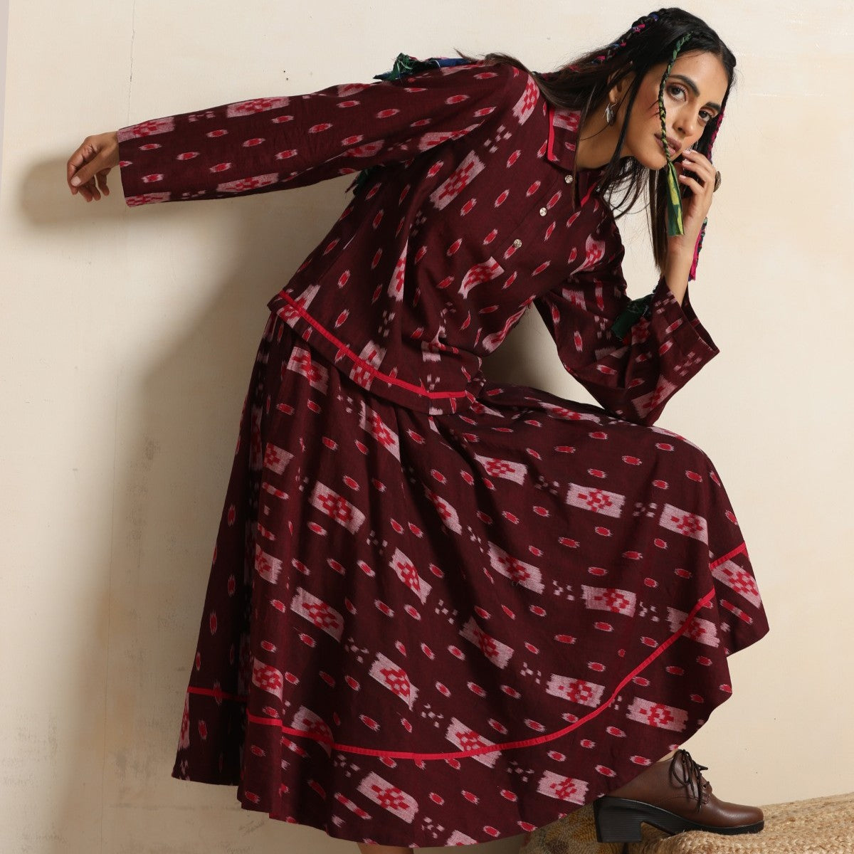 Izhaar- Brown ikat shirt and full skirt set