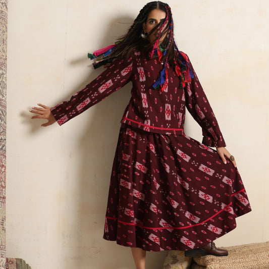Izhaar- Brown ikat shirt and full skirt set