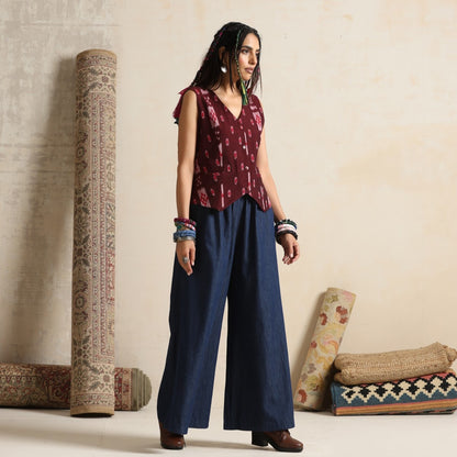 Muntazir- Brown handwoven ikat waistcoat with pants