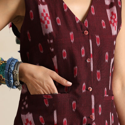 Muntazir- Brown handwoven ikat waistcoat with pants