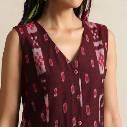 Muntazir- Brown handwoven ikat waistcoat with pants