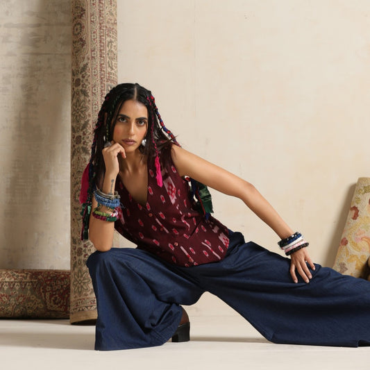 Muntazir- Brown handwoven ikat waistcoat with pants