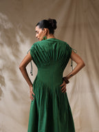 Kairi - Green striped front pleated dress