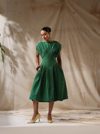 Kairi - Green striped front pleated dress