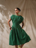Kairi - Green striped front pleated dress