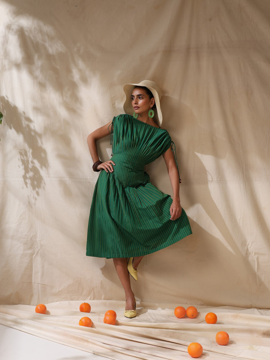 Kairi - Green striped front pleated dress