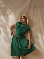 Kairi - Green striped front pleated dress