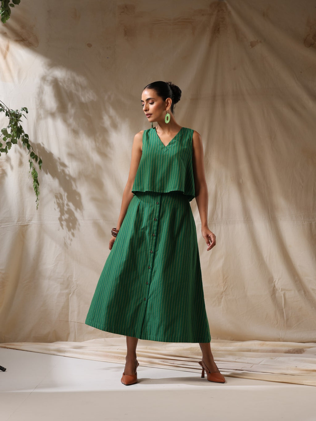 Mor - Green striped skirt and top- two piece set