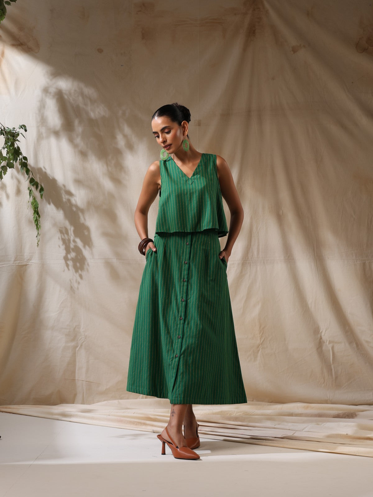 Mor - Green striped skirt and top- two piece set
