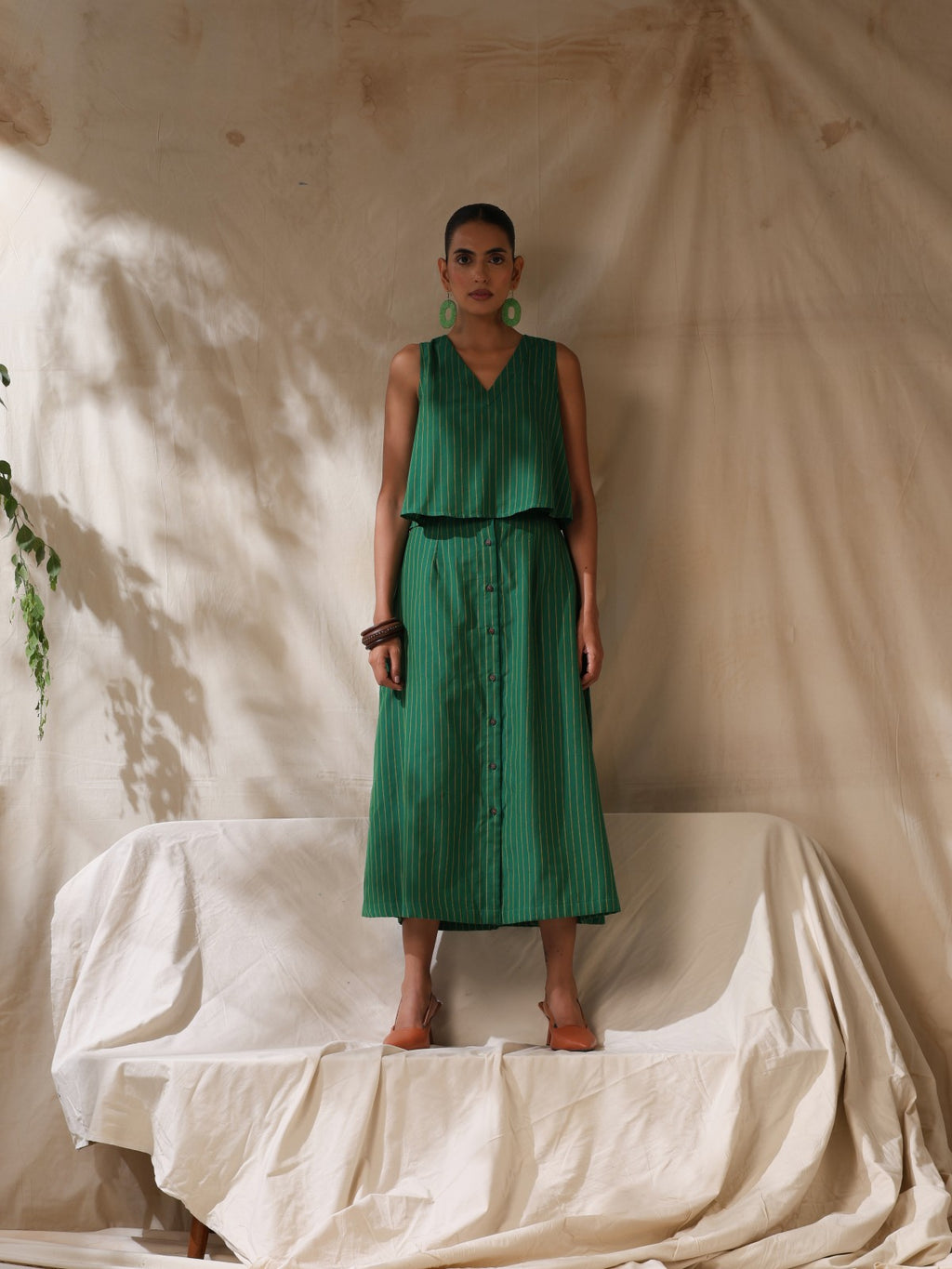 Mor - Green striped skirt and top- two piece set