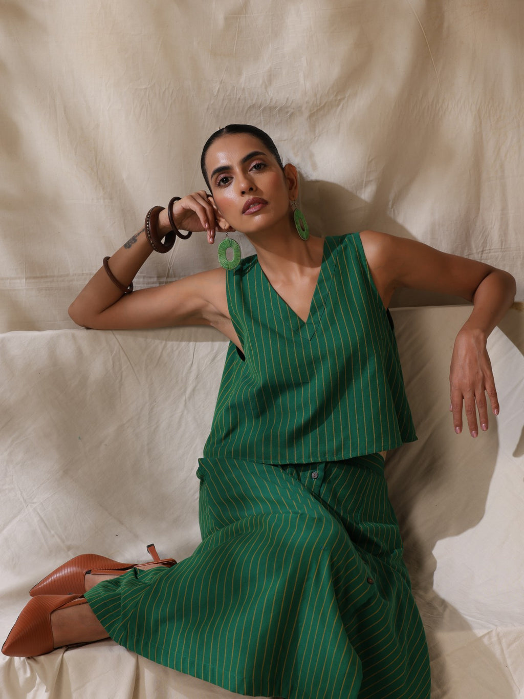 Mor - Green striped skirt and top- two piece set