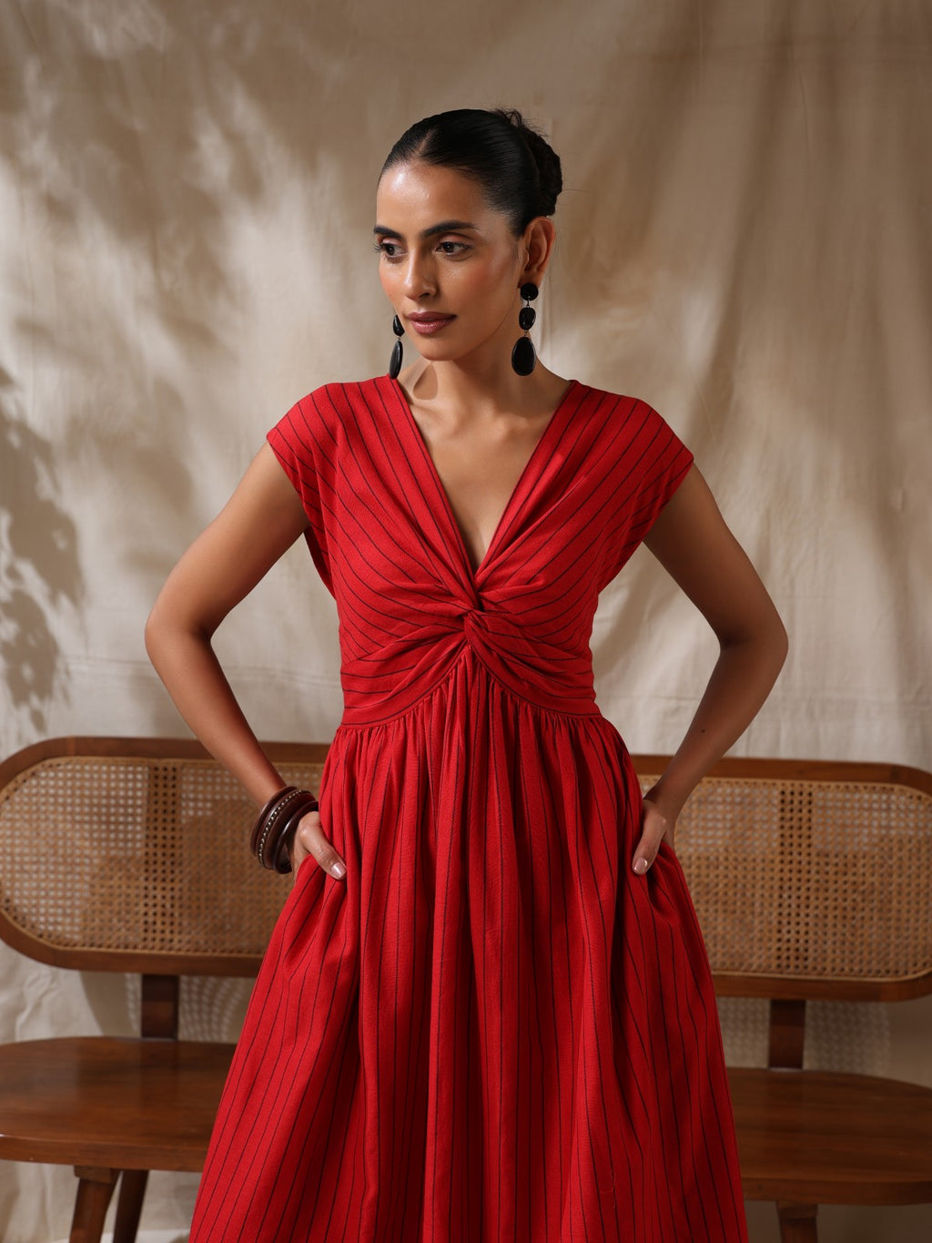 Pathaka - Red striped front twisted dress
