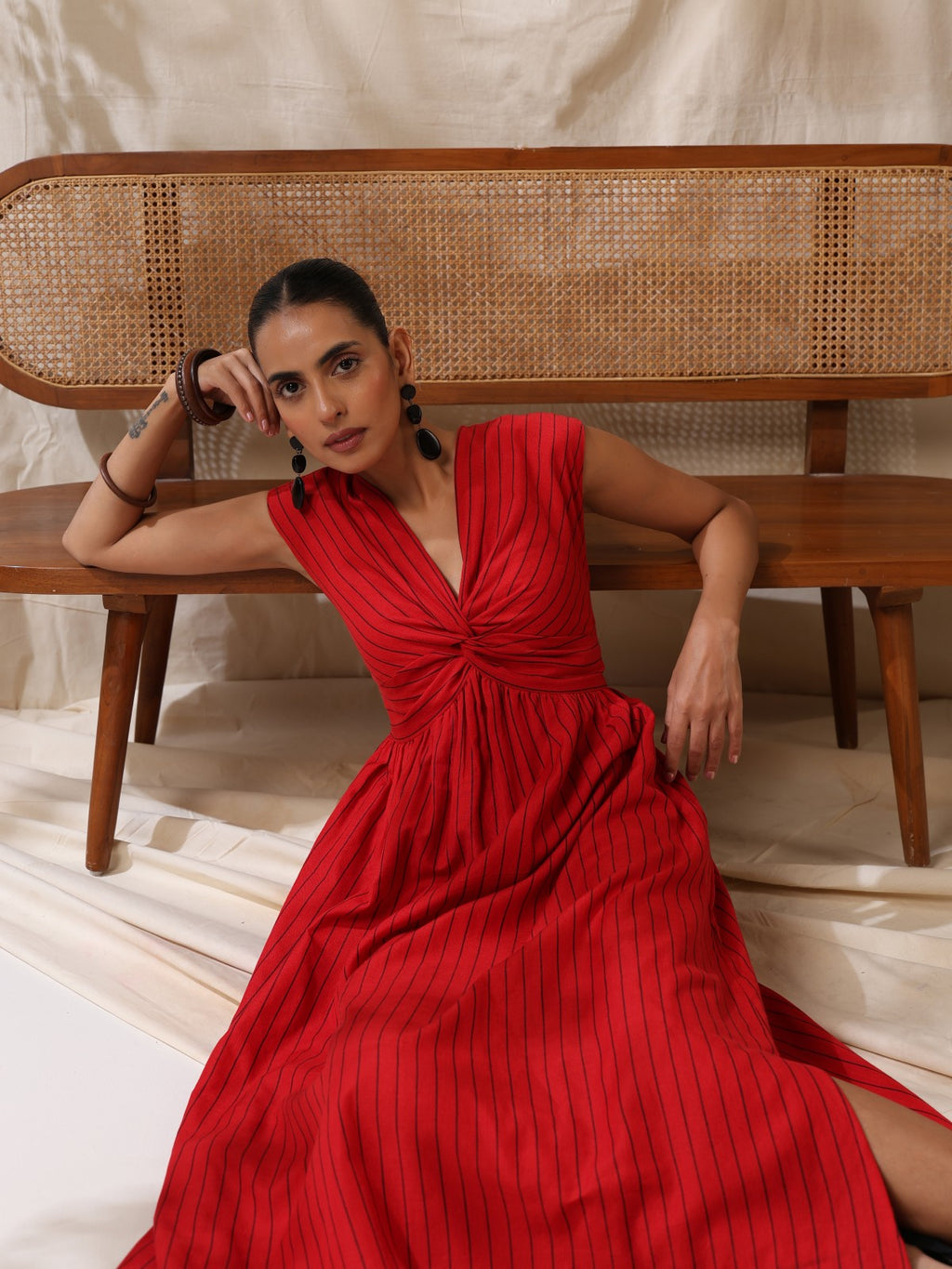 Pathaka - Red striped front twisted dress