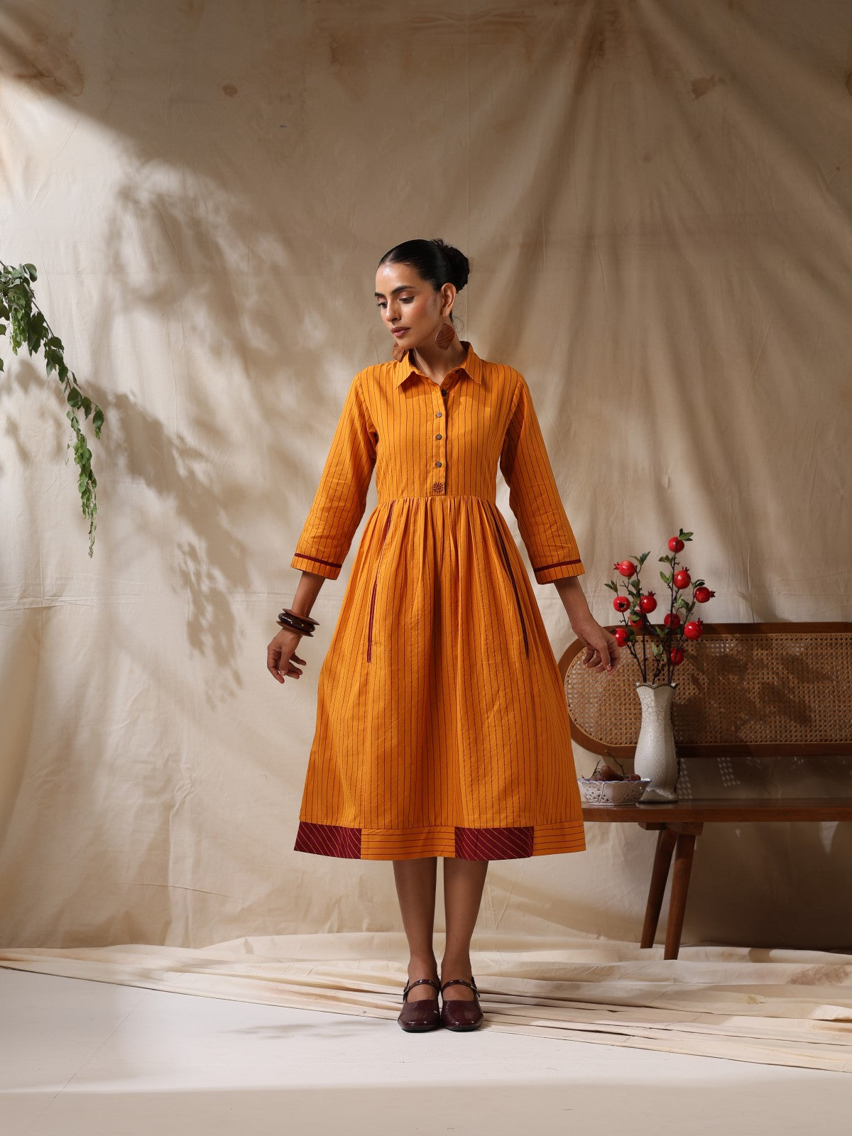 Sonpari- Yellow striped front gather dress