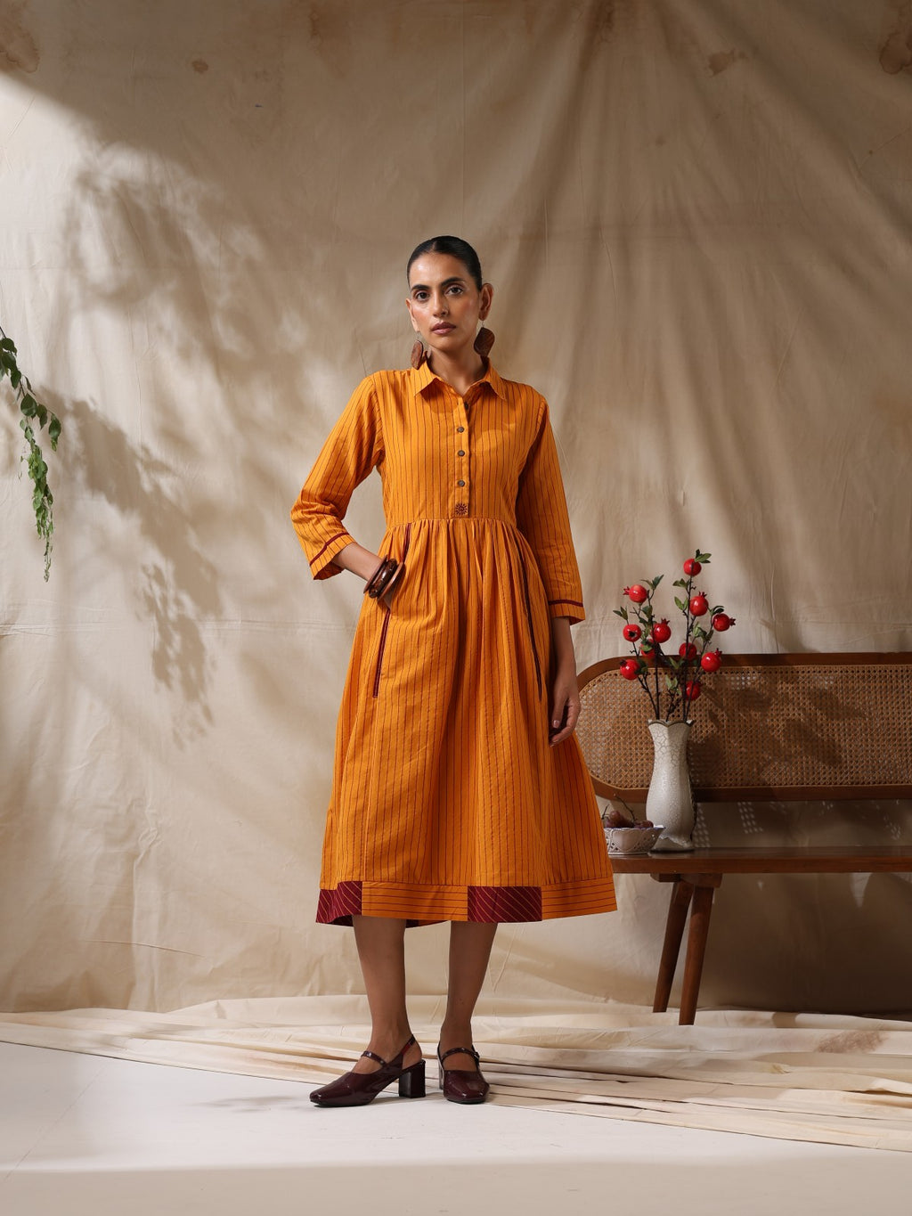 Sonpari- Yellow striped front gather dress
