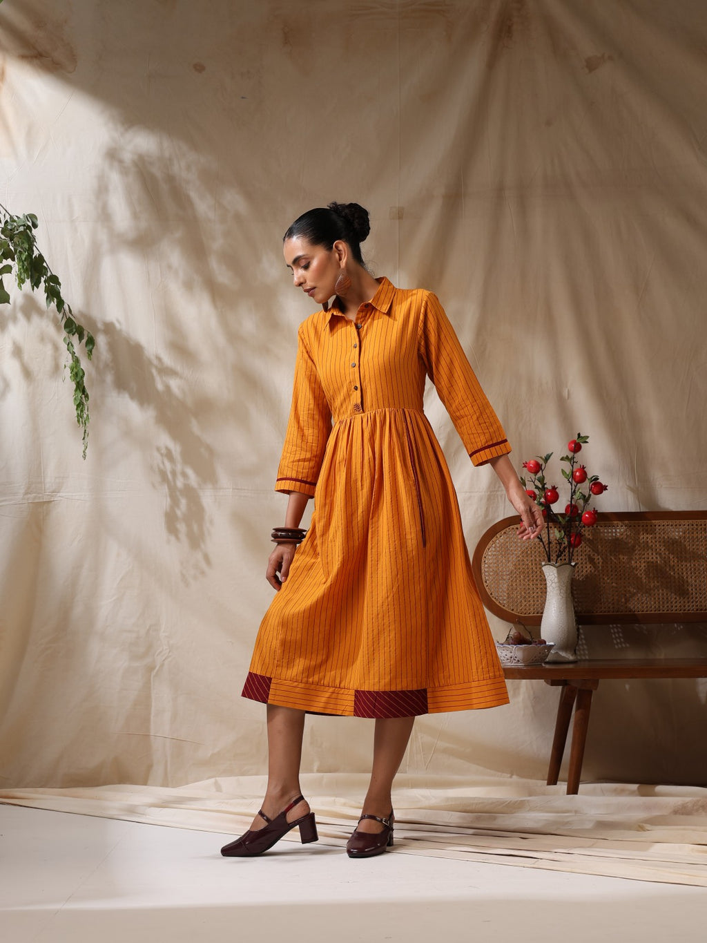 Sonpari- Yellow striped front gather dress
