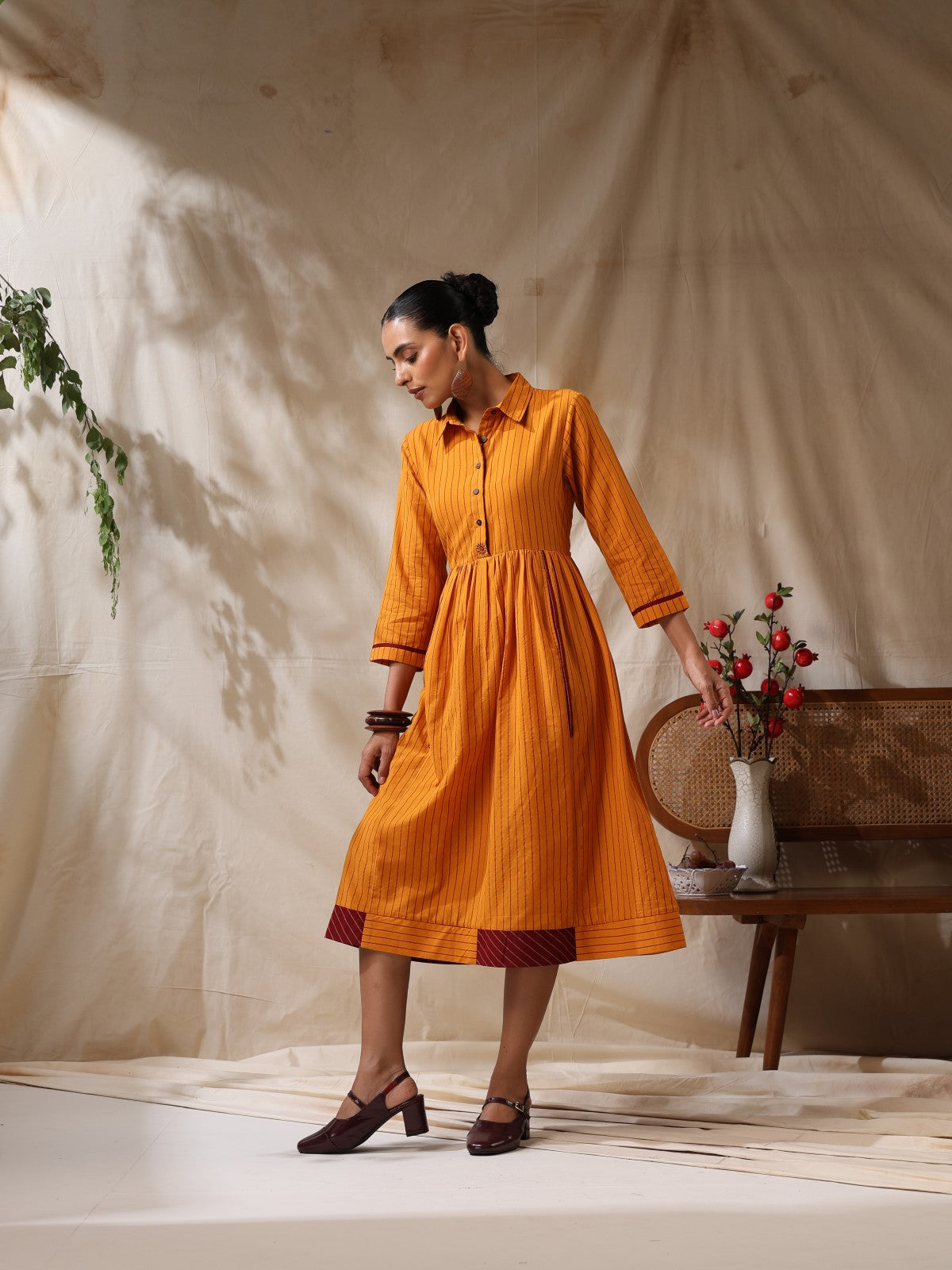 Sonpari- Yellow striped front gather dress