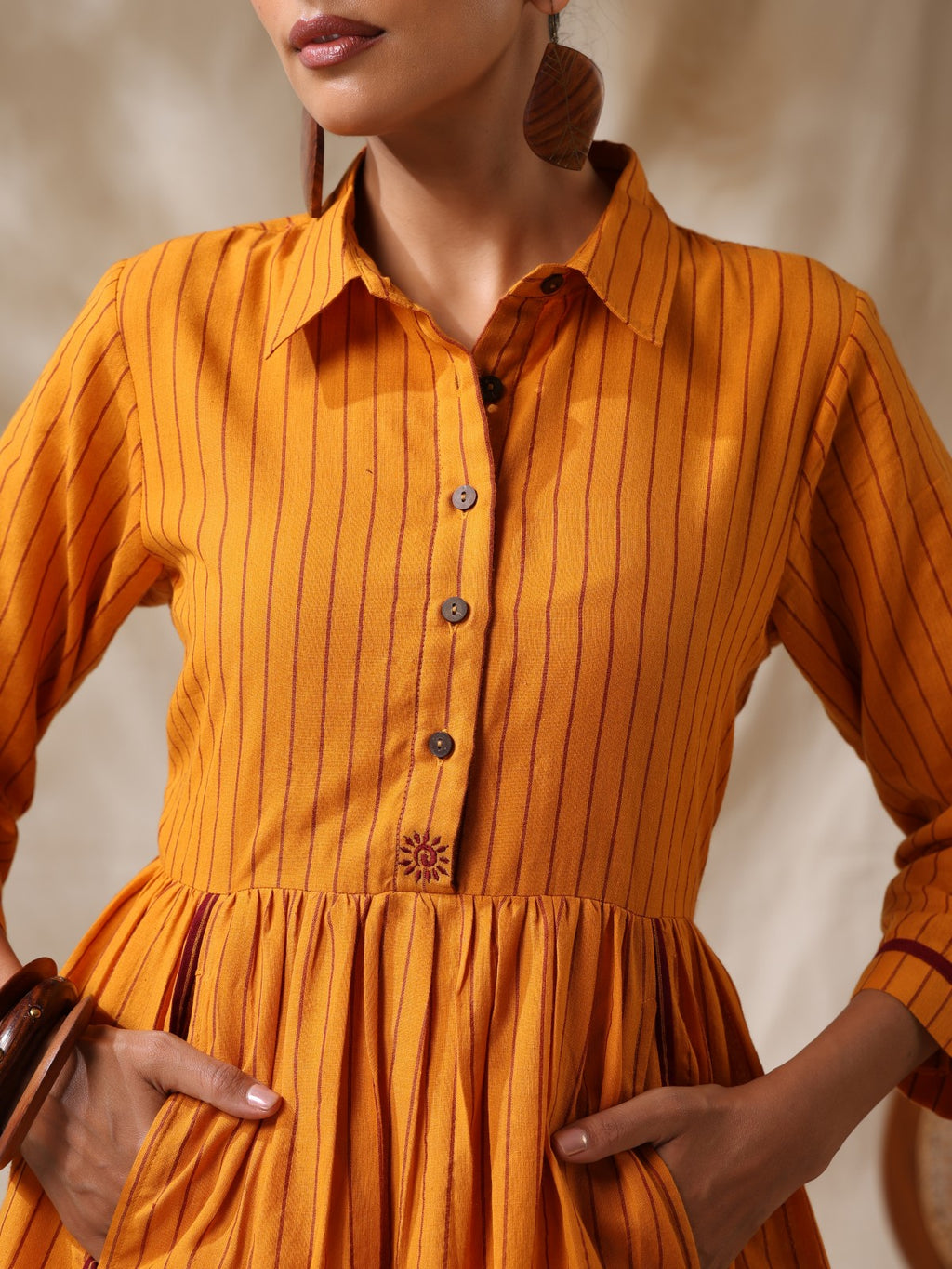 Sonpari- Yellow striped front gather dress
